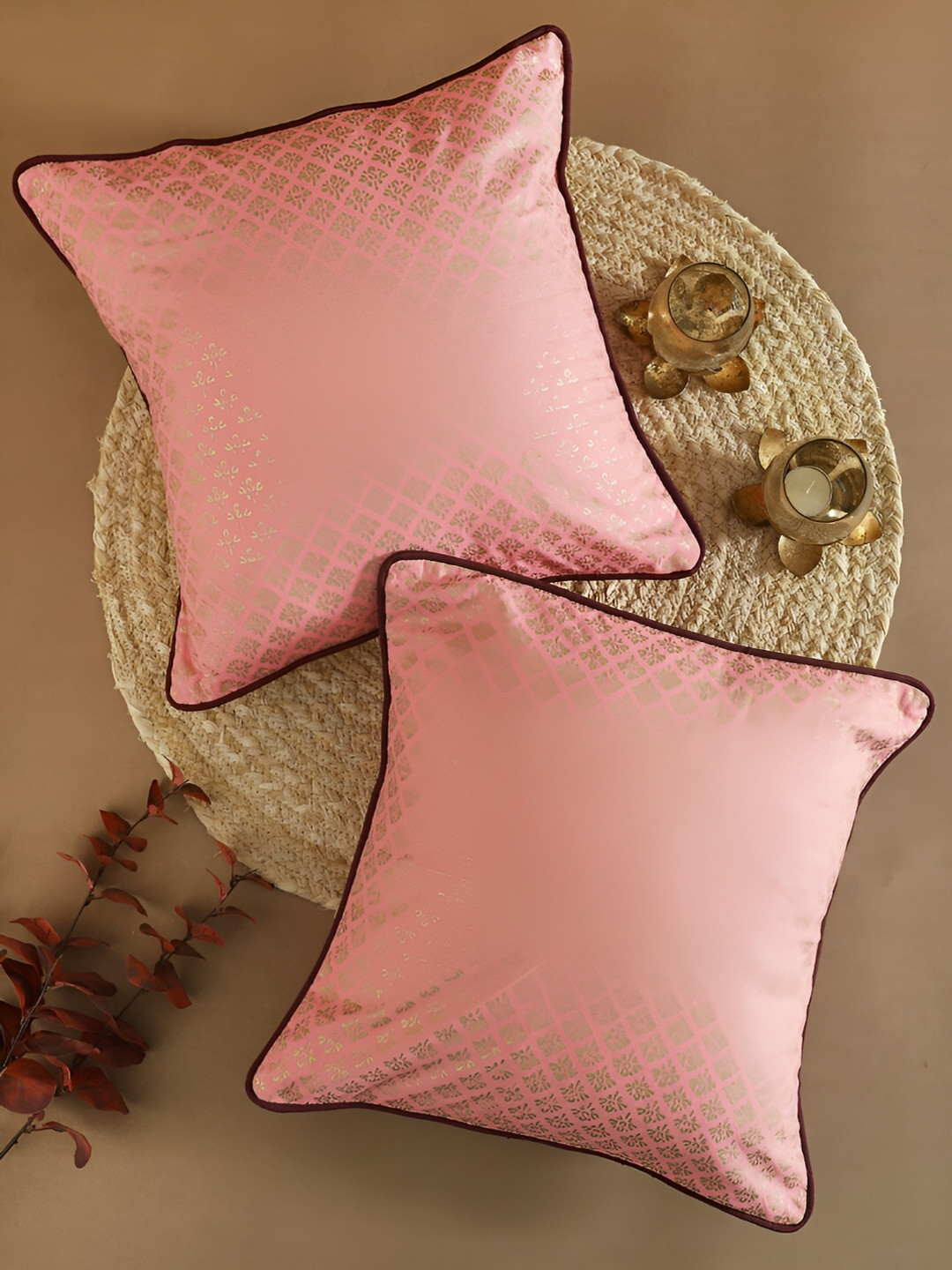 Ratan Cart Pink & Gold Toned 2 Pieces Floral Printed Cotton Square Cushion Covers