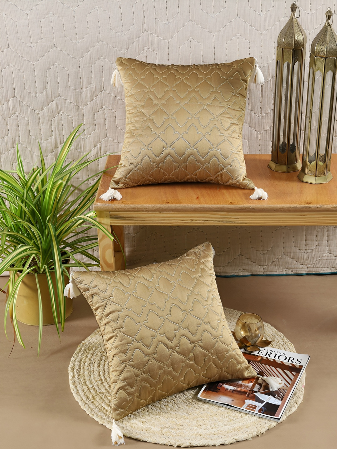 Ratan Cart Gold Floral Polyester Quilted 2 Piece Textured Square Cushion Covers -16x16In