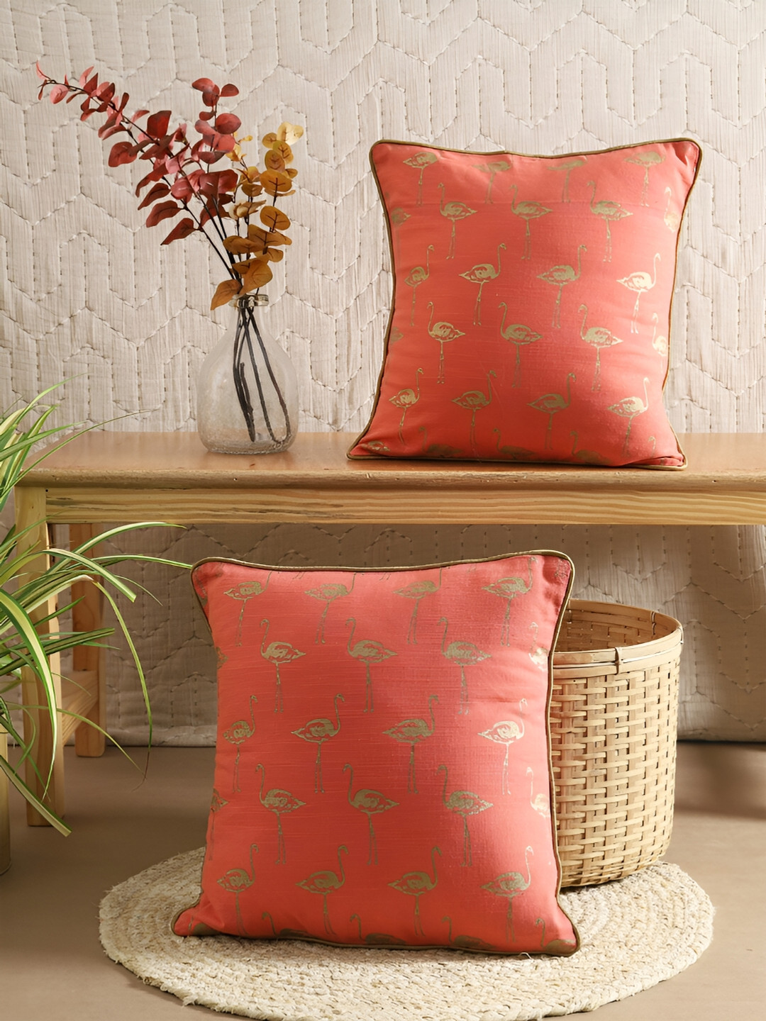 Ratan Cart Gold-Toned & Peach-Coloured 2 Pcs Square Cushion Covers