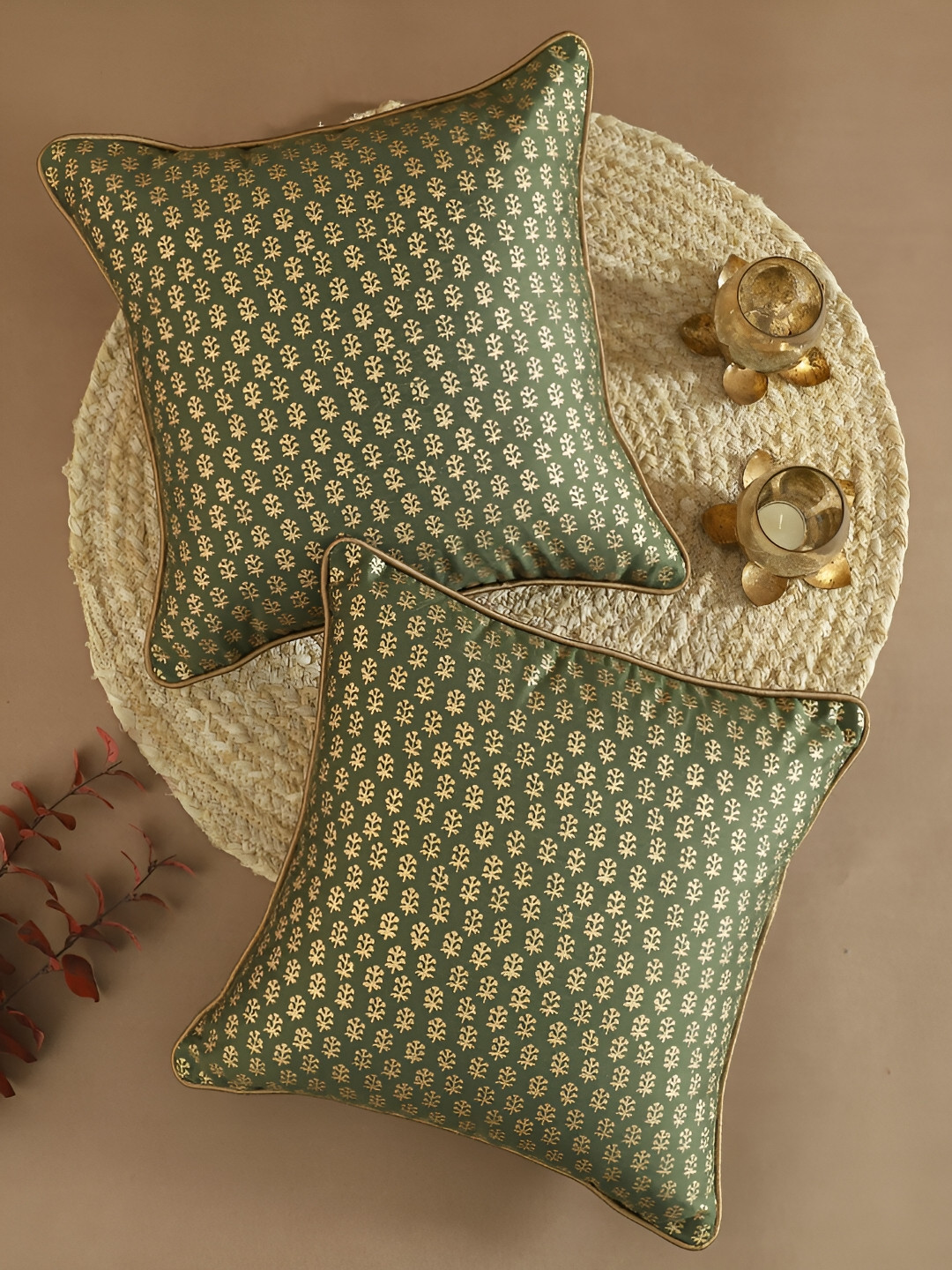 Ratan Cart Dupain Print Floral Polyester Lightweight 2 Pcs Square Cushion Covers -16x16In