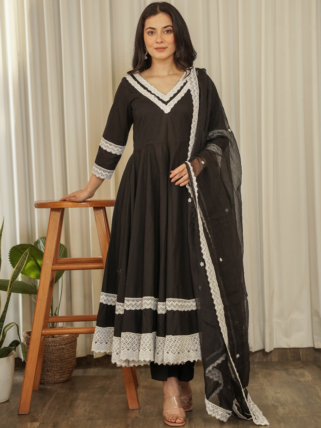 OneWe Naira V-Neck Lace Detail Pure Cotton Anarkali Kurta With Trousers & Dupatta