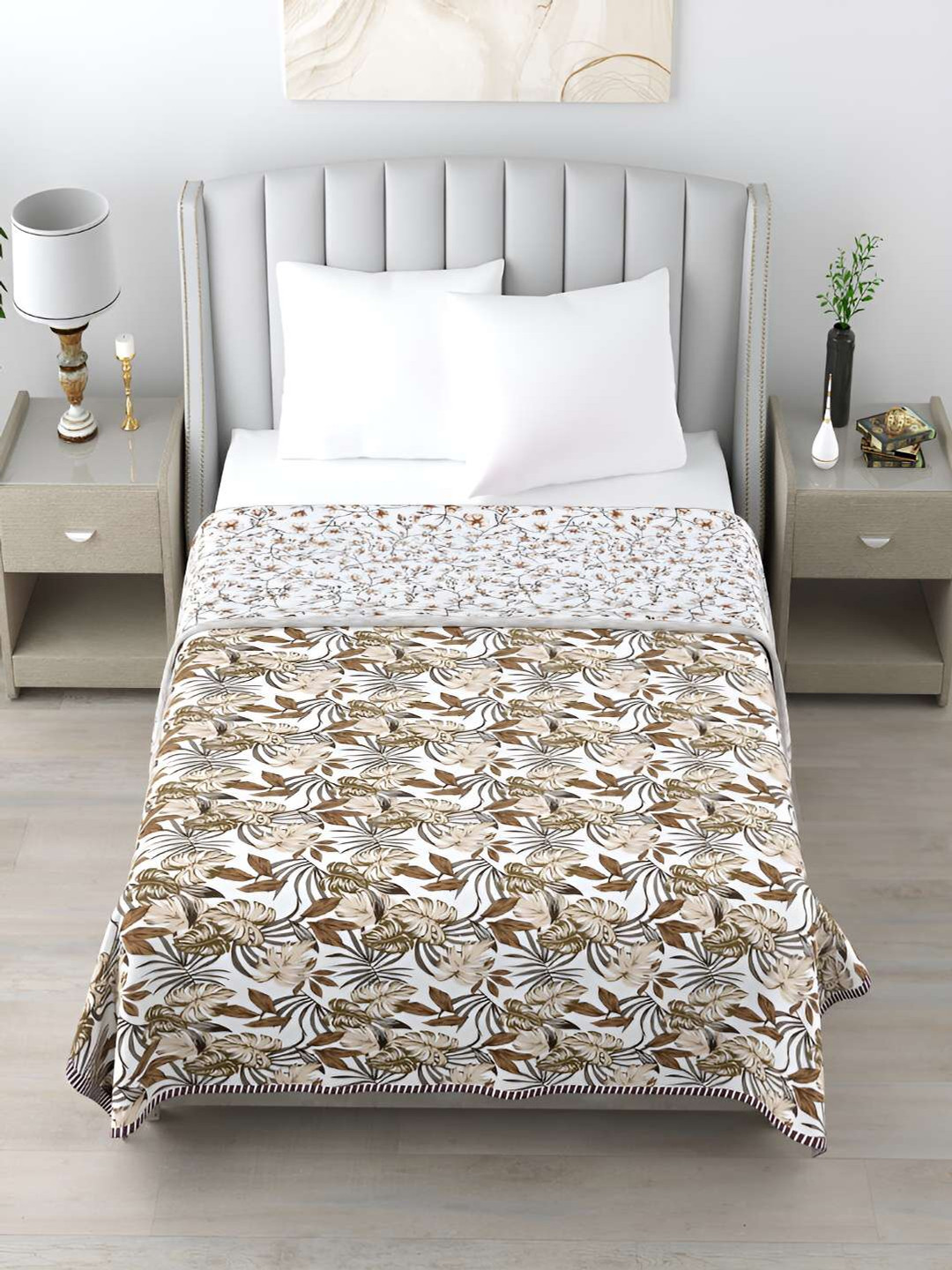 tundwal's Green & White Floral Printed Summer 210 GSM Single Bed Dohar