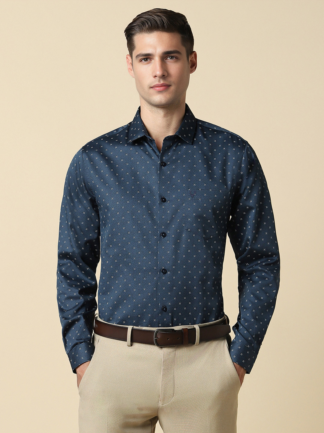 Allen Solly Micro Ditsy Printed Spread Collar Curved Cotton Slim Fit Formal Shirt