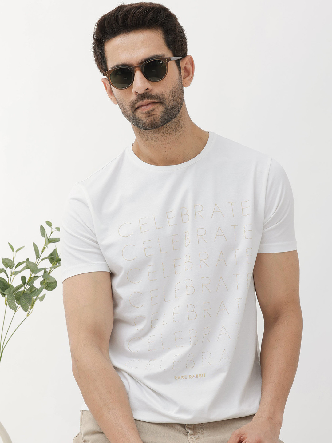 RARE RABBIT Men Celebrate-1 Relaxed Fit Typography Printed Cotton T-Shirt