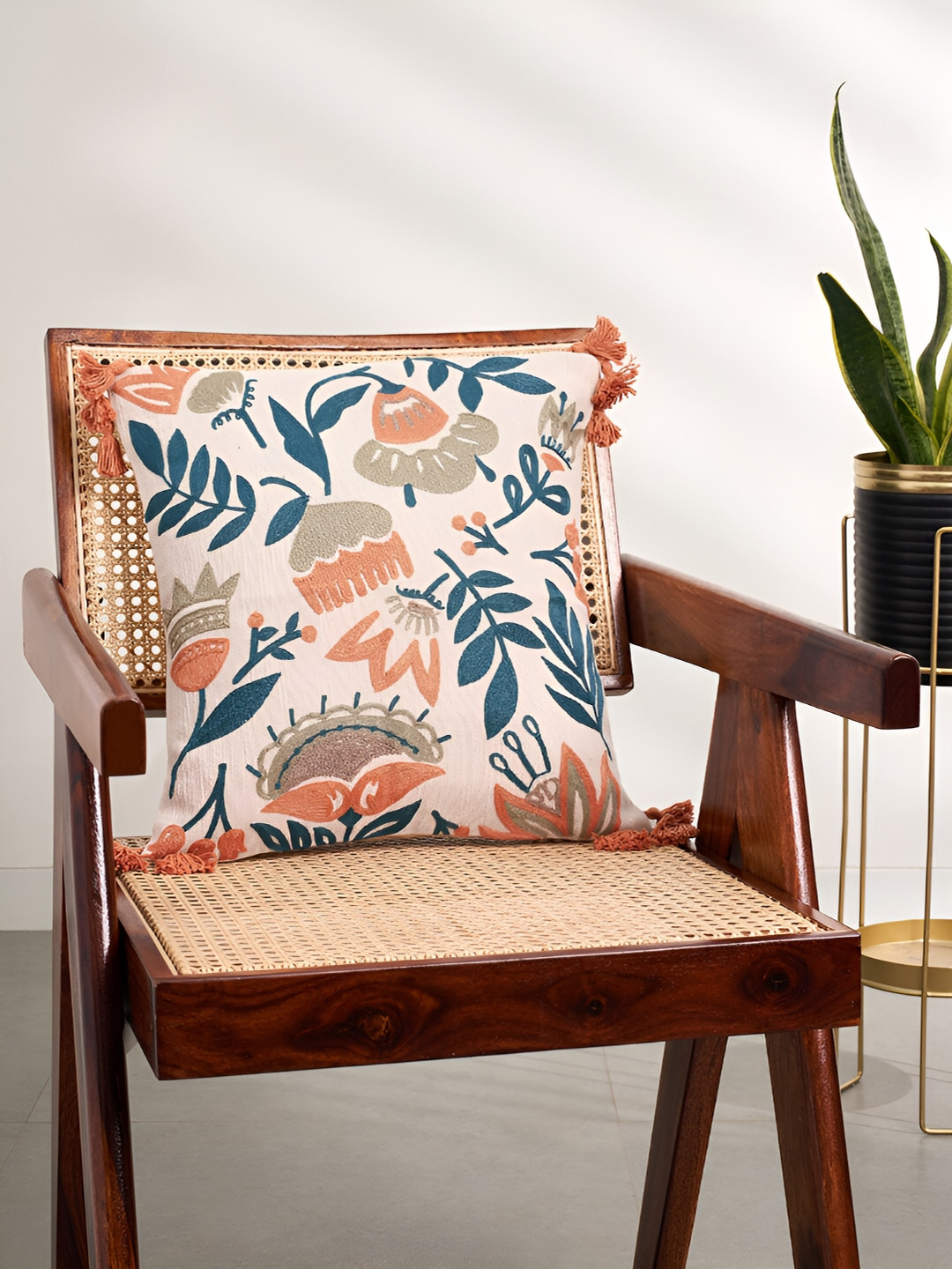 Living scapes by Pantaloons Teal Floral Cotton Textured Square Cushion Cover -16x16In