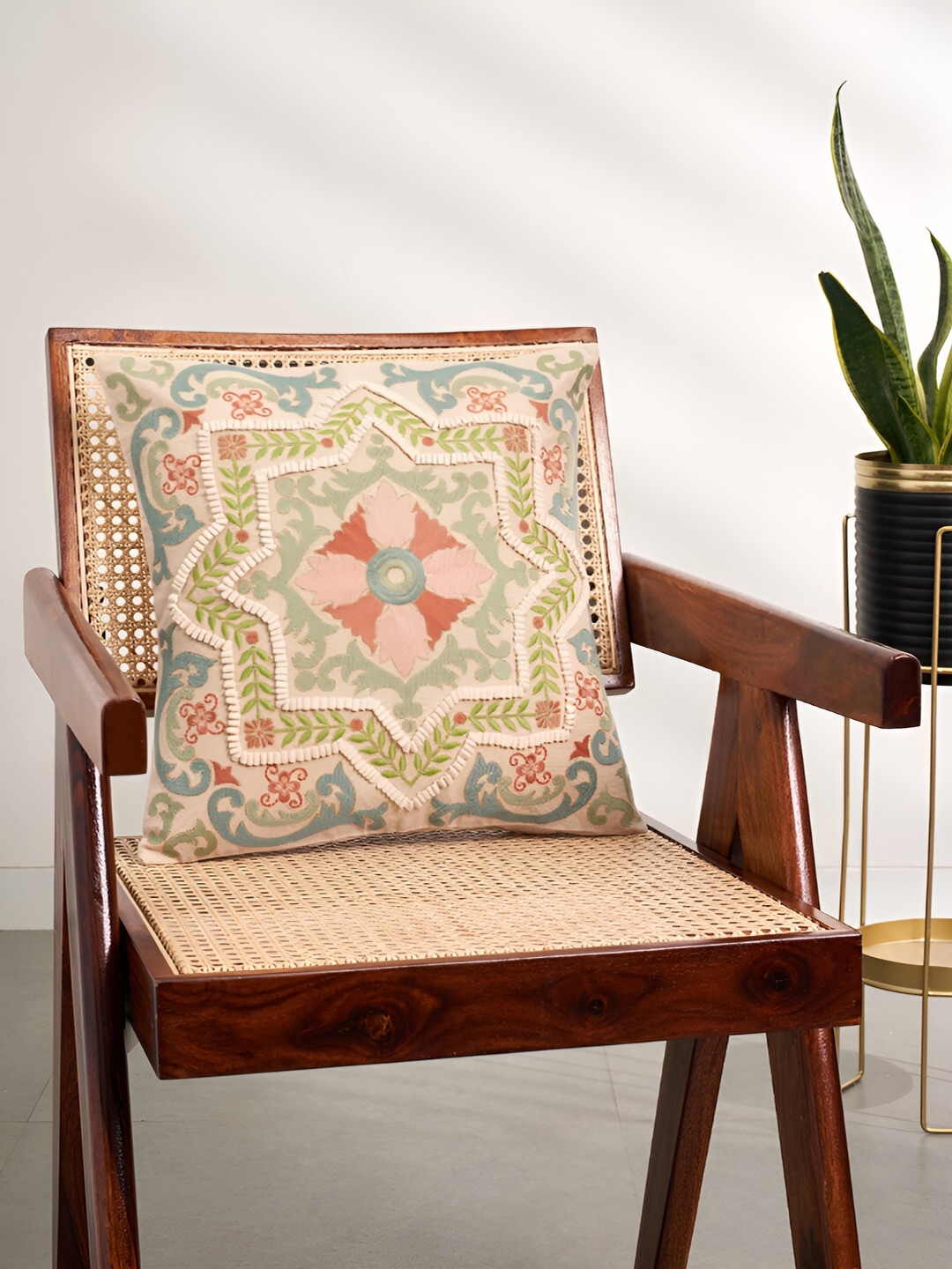 Living scapes by Pantaloons Green & Red Ethnic Motifs Square Cushion Cover