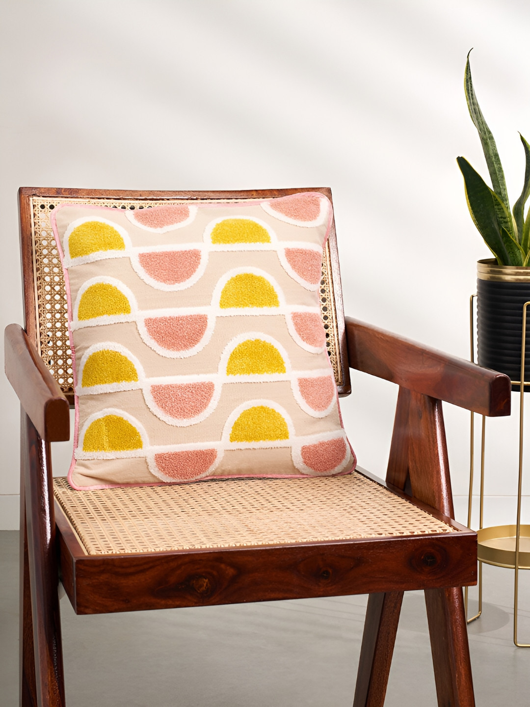 Living scapes by Pantaloons Peach Geometric Cotton Textured Square Cushion Cover -16x16In