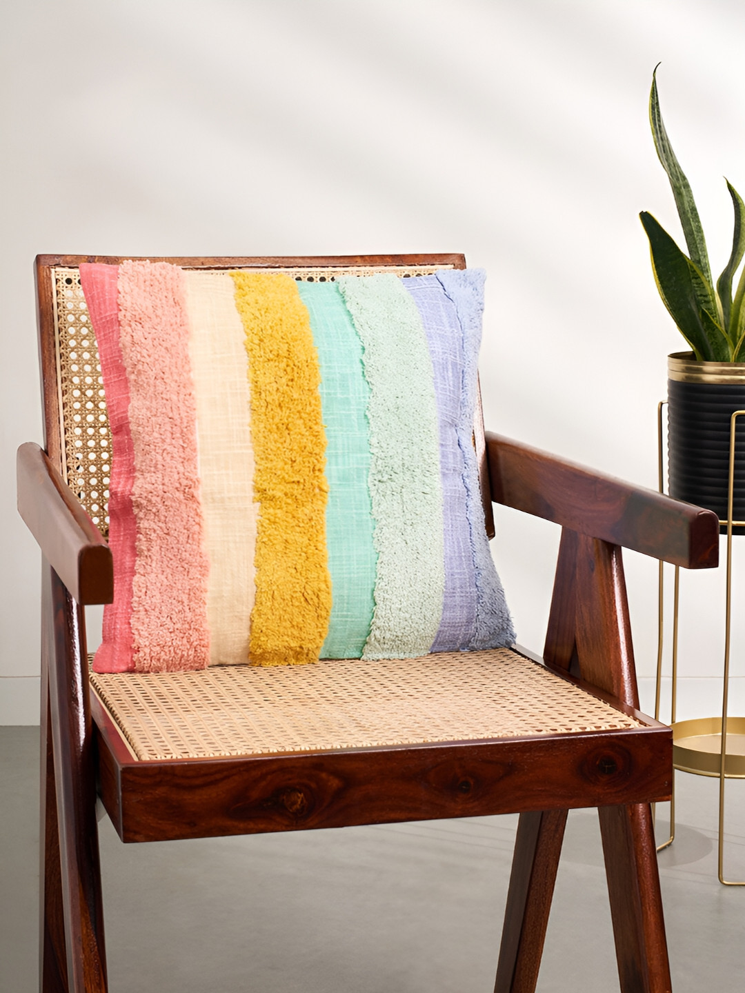 Living scapes by Pantaloons Colourblocked Cotton Textured Square Cushion Cover -16x16In