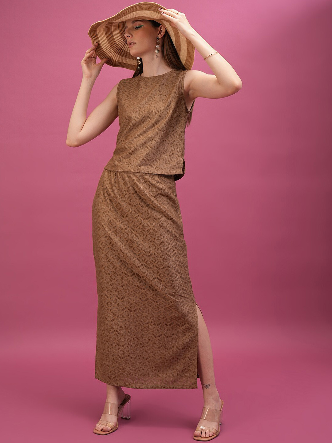 Tokyo Talkies Brown Self Design Crochet Top With Skirt Co-Ords