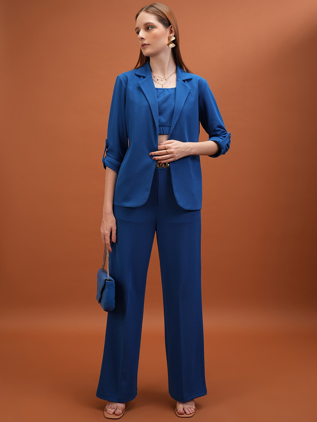 Tokyo Talkies Blue Square Neck Top With Flared Trouser With Blazer