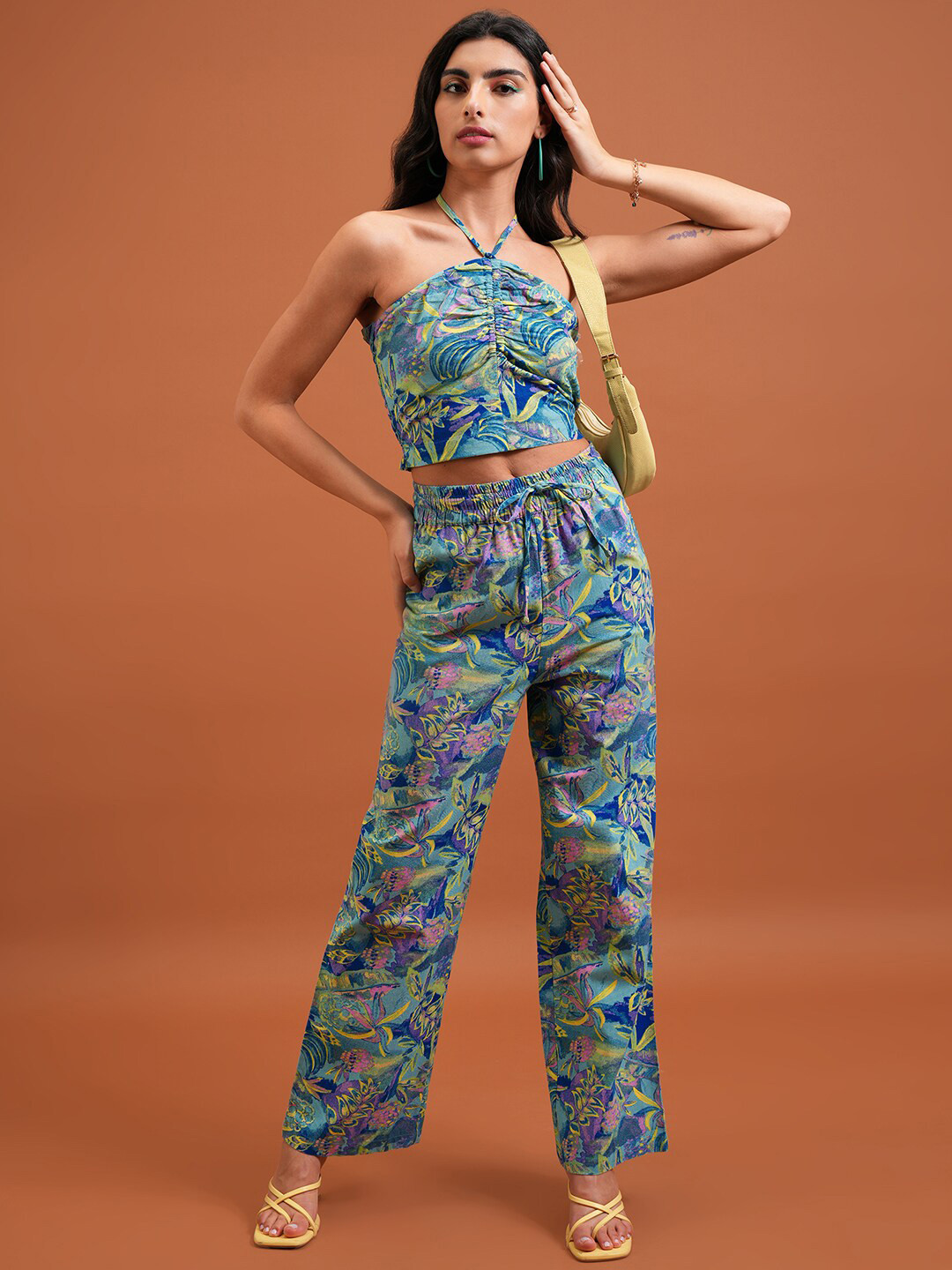 Tokyo Talkies Floral Printed Halter Neck Pure Cotton Crop Top With Trousers