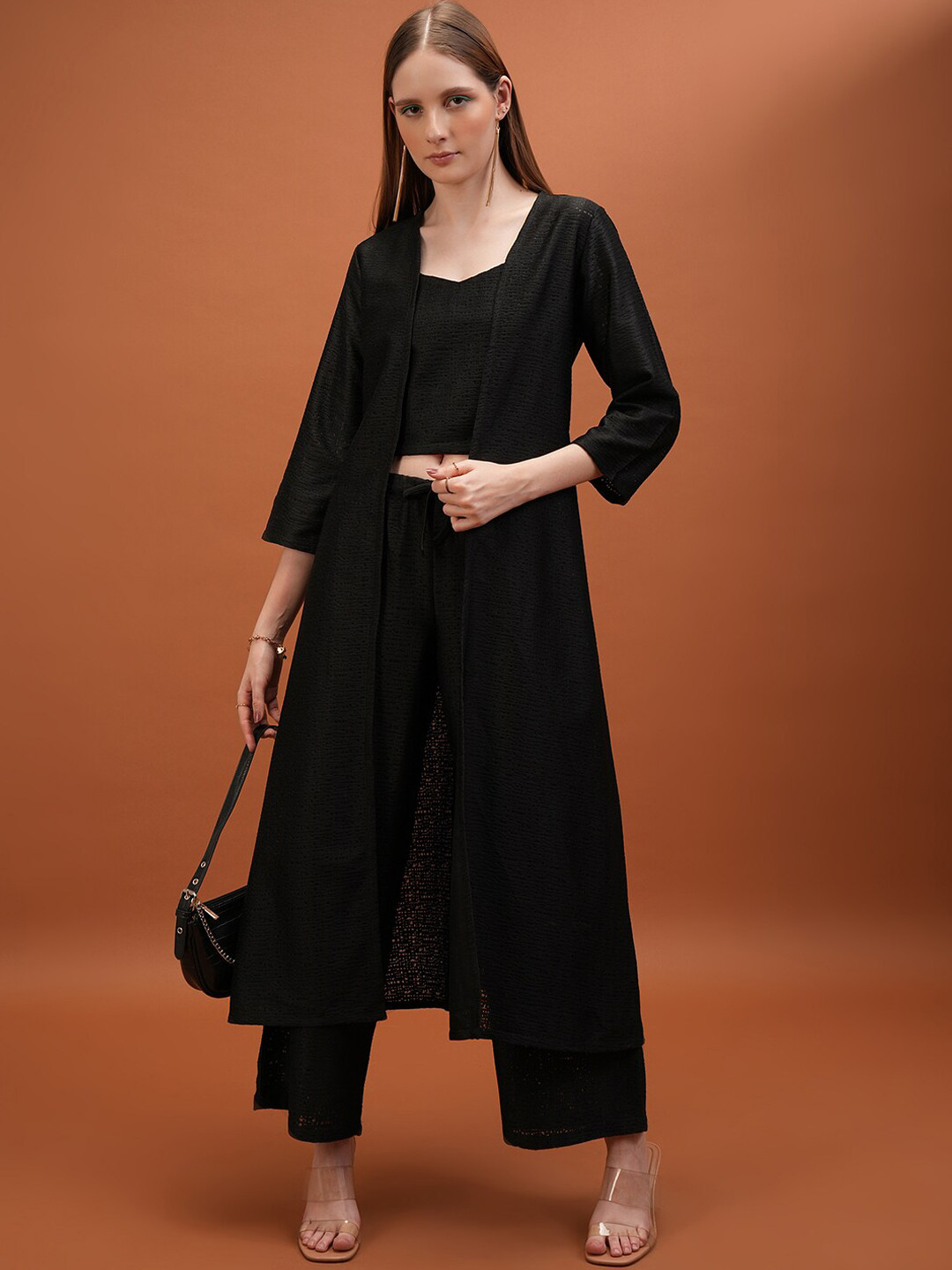 Tokyo Talkies Black Self-Design Crochet Top With Trousers & Shrug