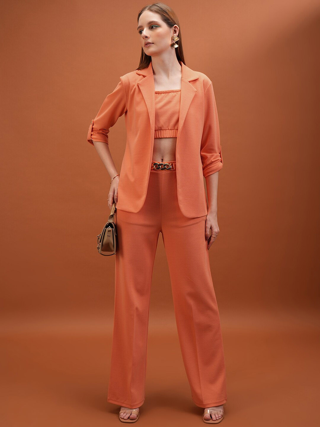 Tokyo Talkies Orange Coloured Square Neck Top Blazer & Trousers Co-Ords