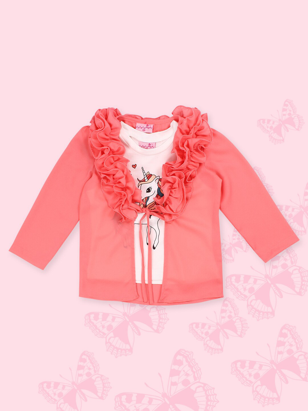 CUTECUMBER Girls Tie-Up Neck Long Sleeves Ruffled Georgette Regular Top With Inner