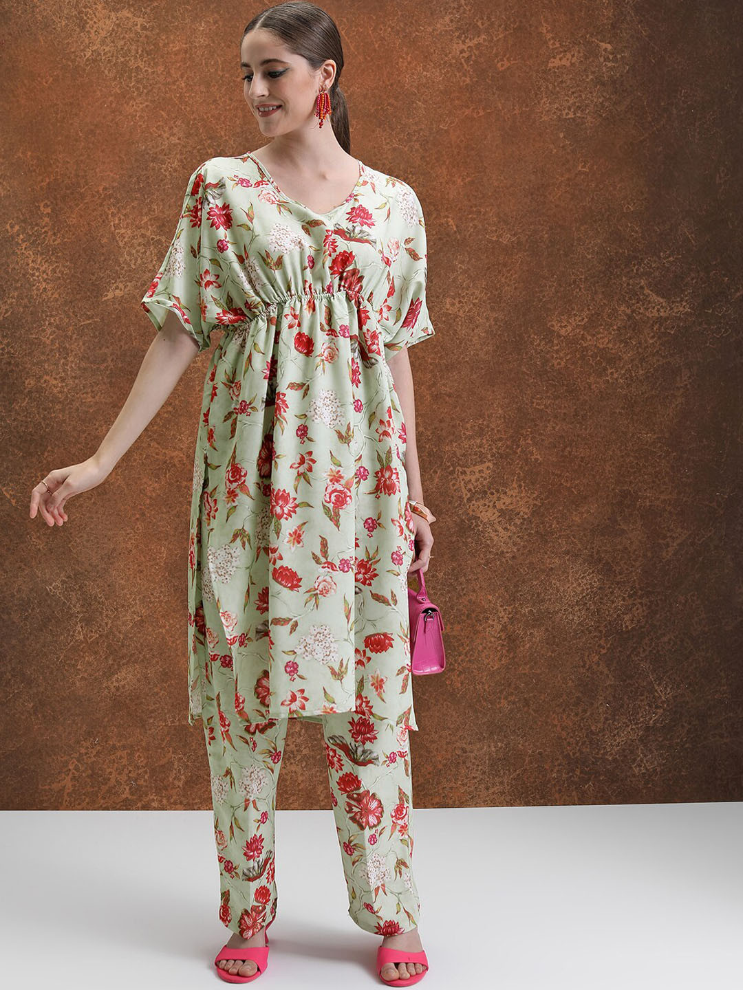 Vishudh Lime Green Floral Printed Extended Sleeves Kaftan Tunic With Trousers