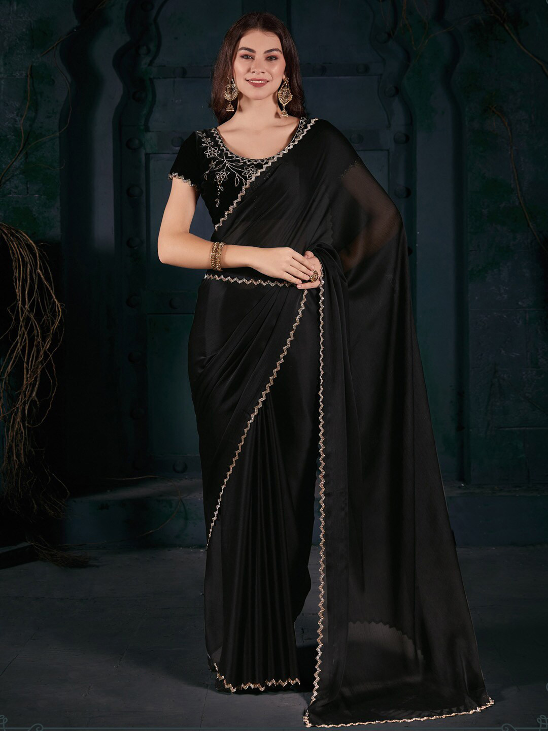 Saree mall Black Beads and Stones Embellished Poly Chiffon Saree