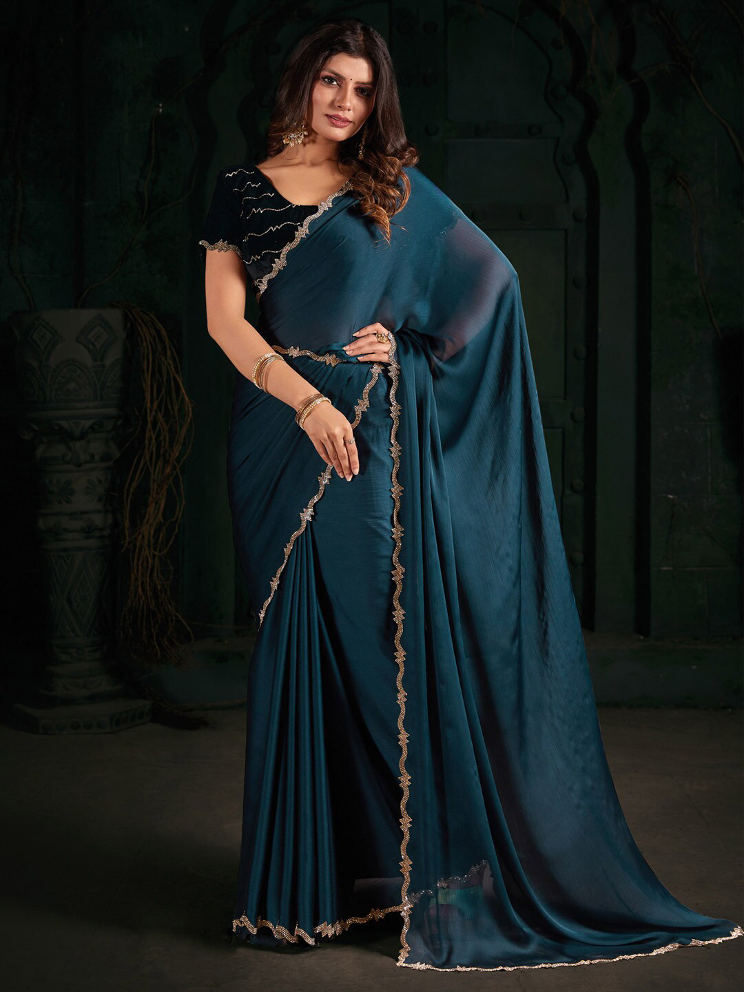 Saree mall Teal Beads and Stones Poly Chiffon Saree