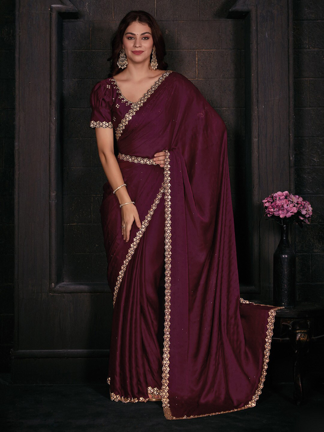 Saree mall Embellished Border Beads & Stones Satin Silk Saree