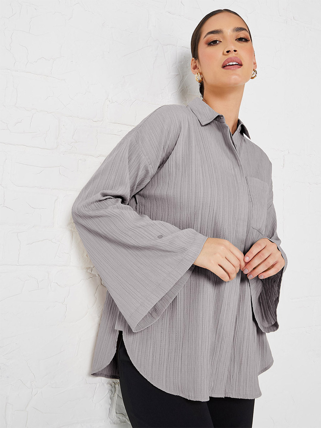 Styli Flared Sleeve Crepe Oversized Longline Shirt