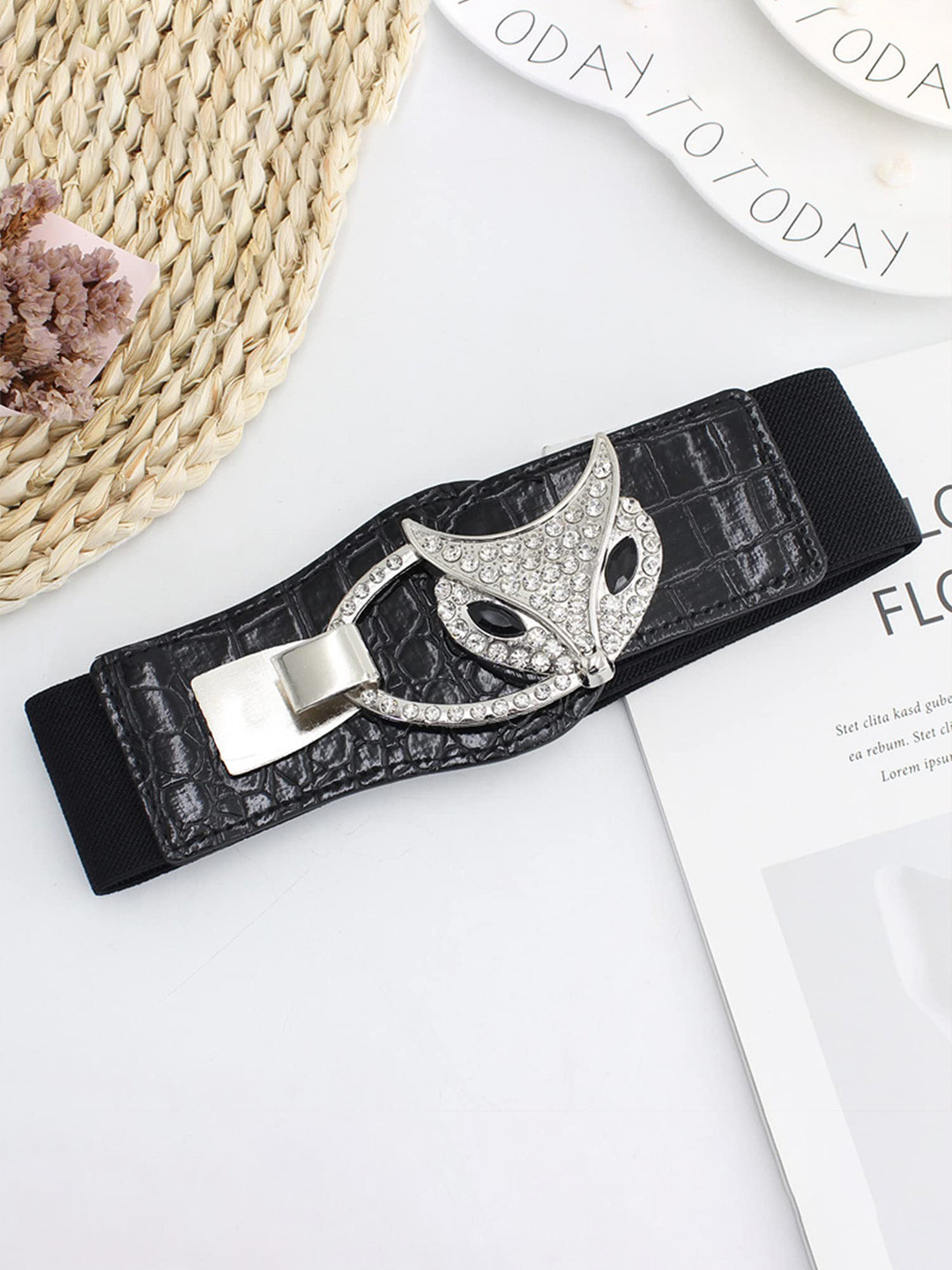 SYGA Women Rhinestone Silver Buckle Elastic Belt