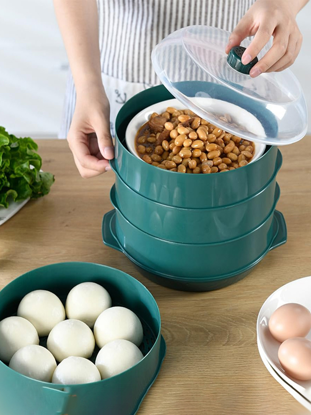 Kuber Industries Green Stainless Steel Microwave Oven Steamer With Handle & Lid