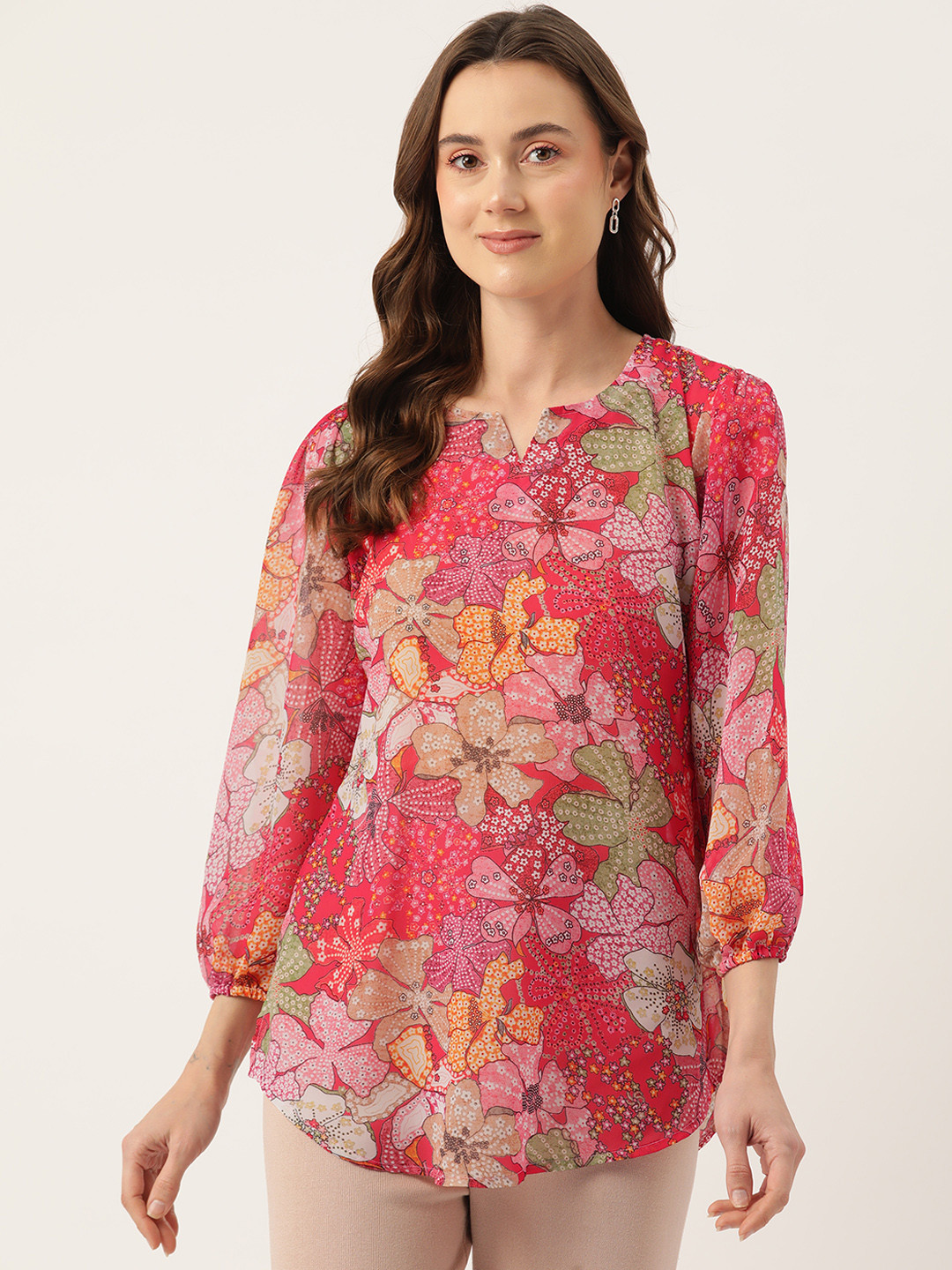 Sleek Italia Floral Print Puff Sleeves Georgette Longline Top