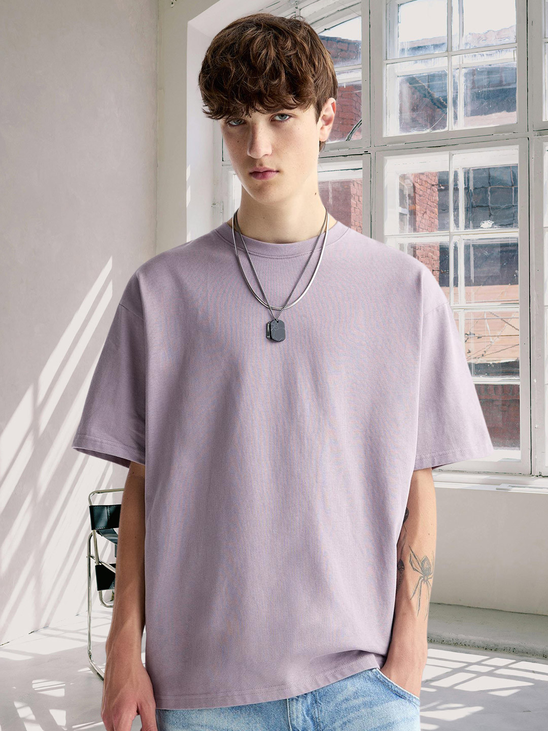 Lavender Oversized Cotton T-shirt with Drop-Shoulder Sleeves