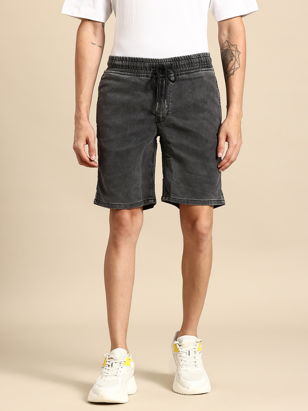 Being Human Men Washed Mid-Rise Above Knee Length Denim Shorts