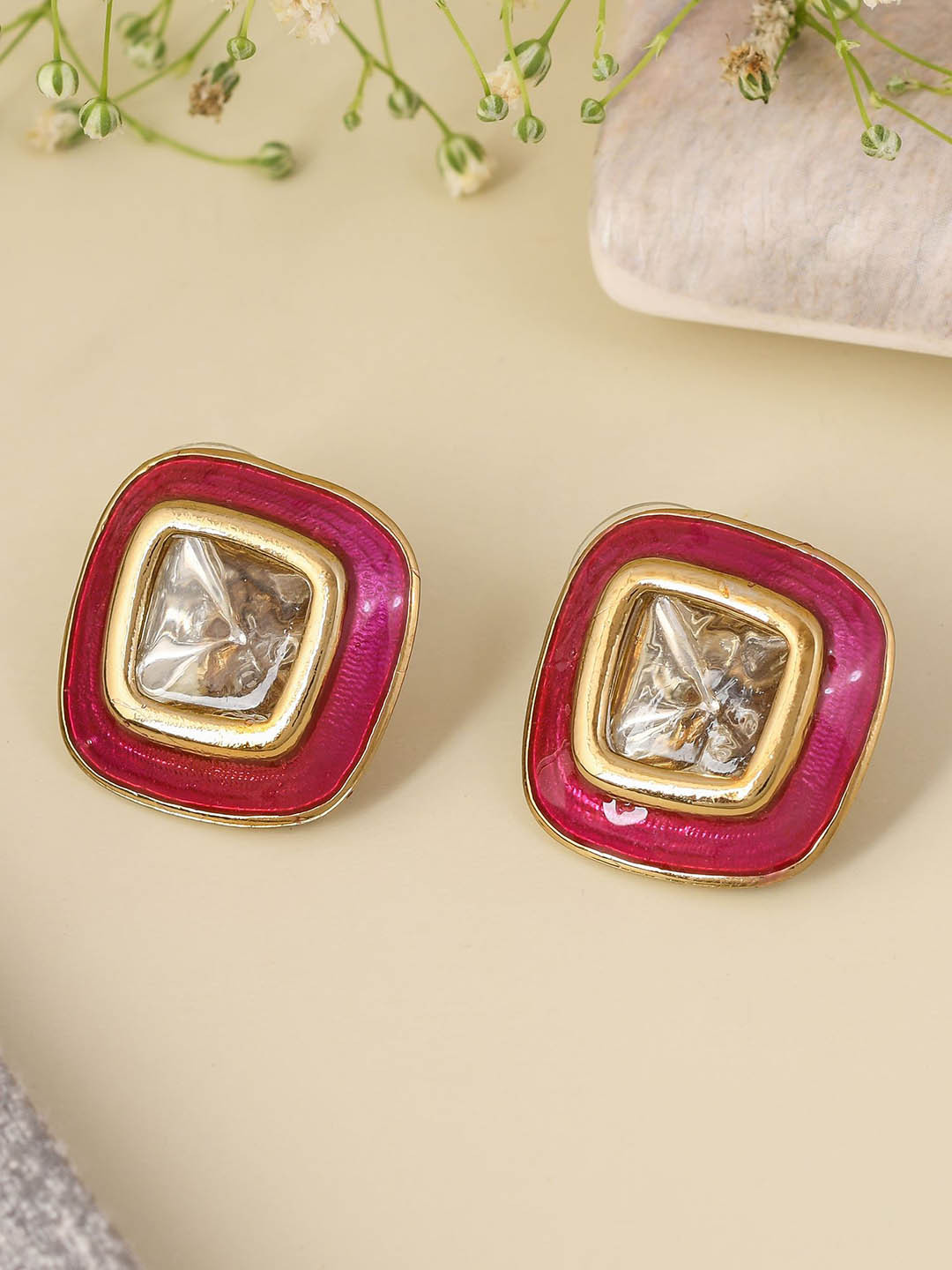 Designbox Stone Studded Enamel Square Studs Earrings