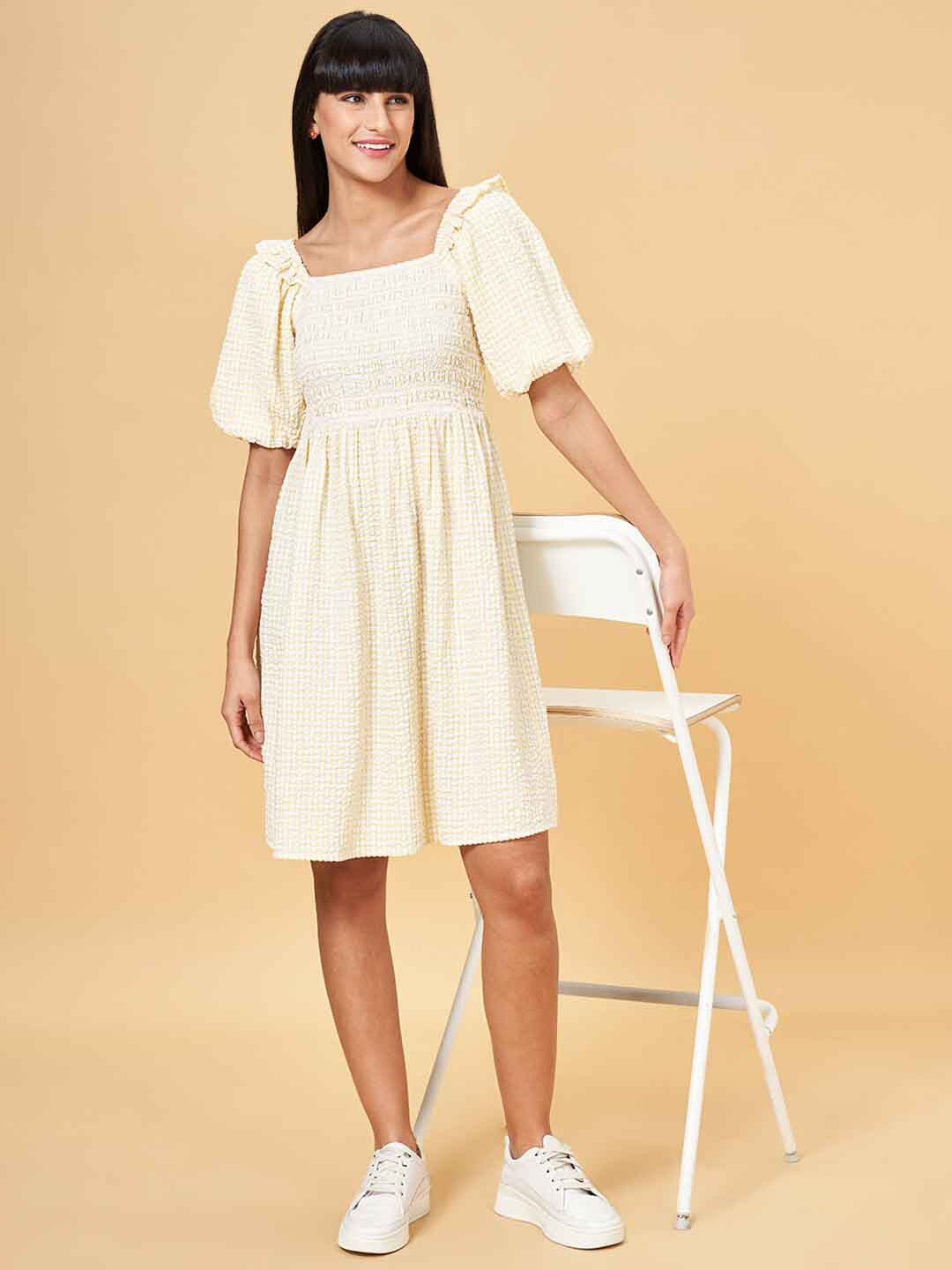 Honey by Pantaloons Checked Square Neck Puff Sleeve Smocked Pure Cotton Fit & Flare Dress