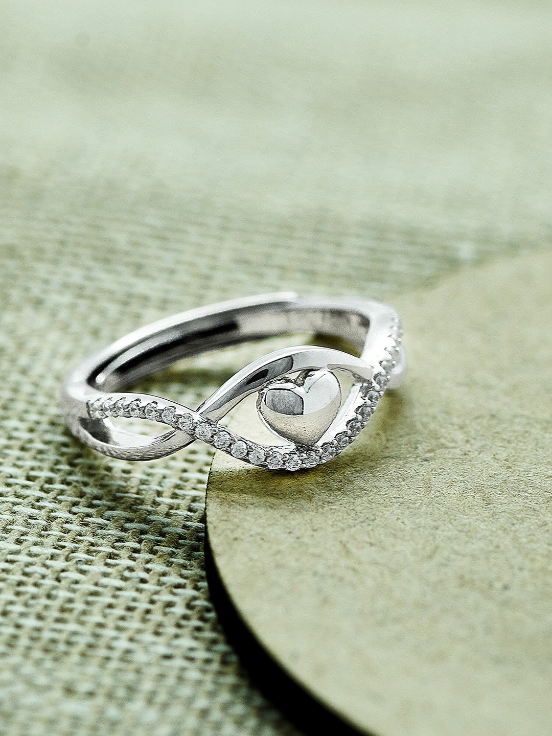SILBERRY 92.5 Sterling Silver Rhodium-Plated CZ Studded Adjustable Finger Ring