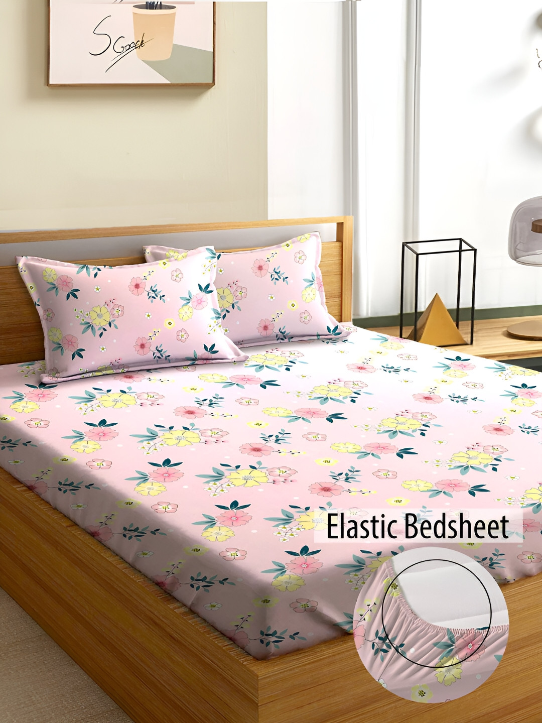 Aura Pink Floral Microfiber 180 TC Fitted Queen Fine Bedsheet with 2 Pillow Covers-182 x 198 cm