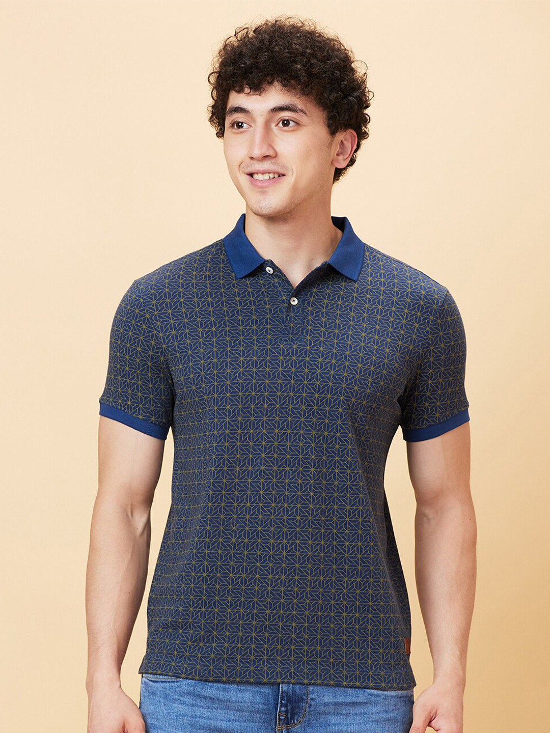 Being Human Geometric Printed Cotton Short Sleeves Polo Collar Pockets T-shirt