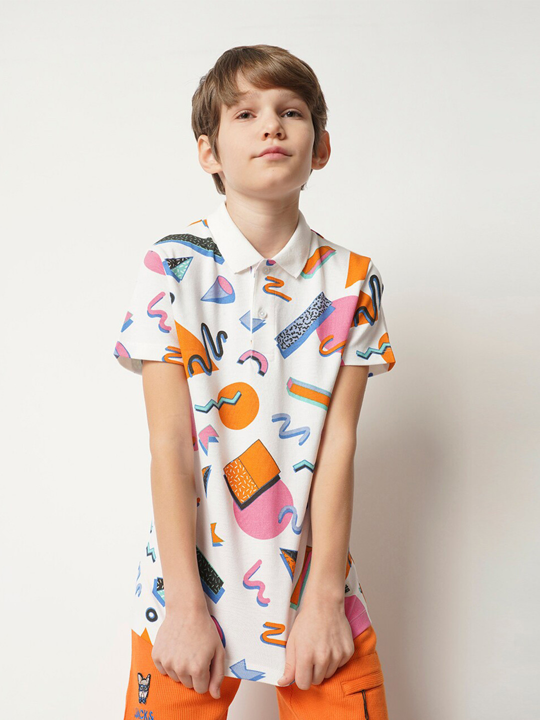 Jack & Jones Junior Boys Grometric Printed Polo Collar Pure Cotton T-shirt