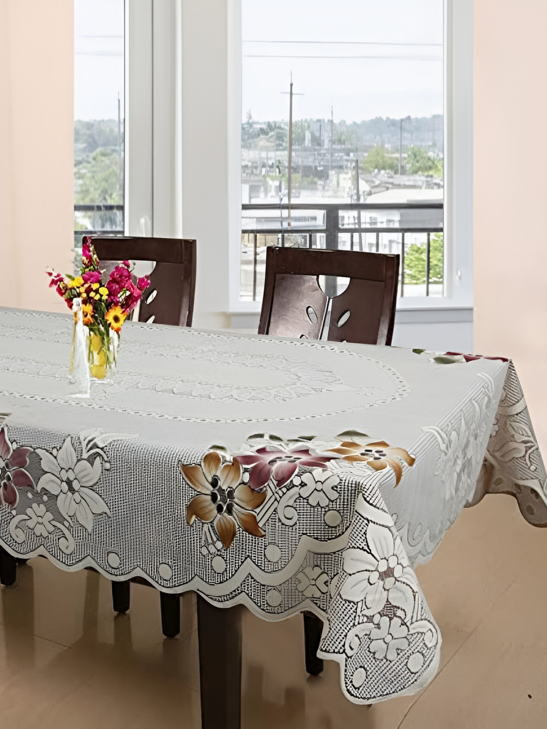 MONKDECOR White 6 Seater Floral Rectangle Cotton Table Cover