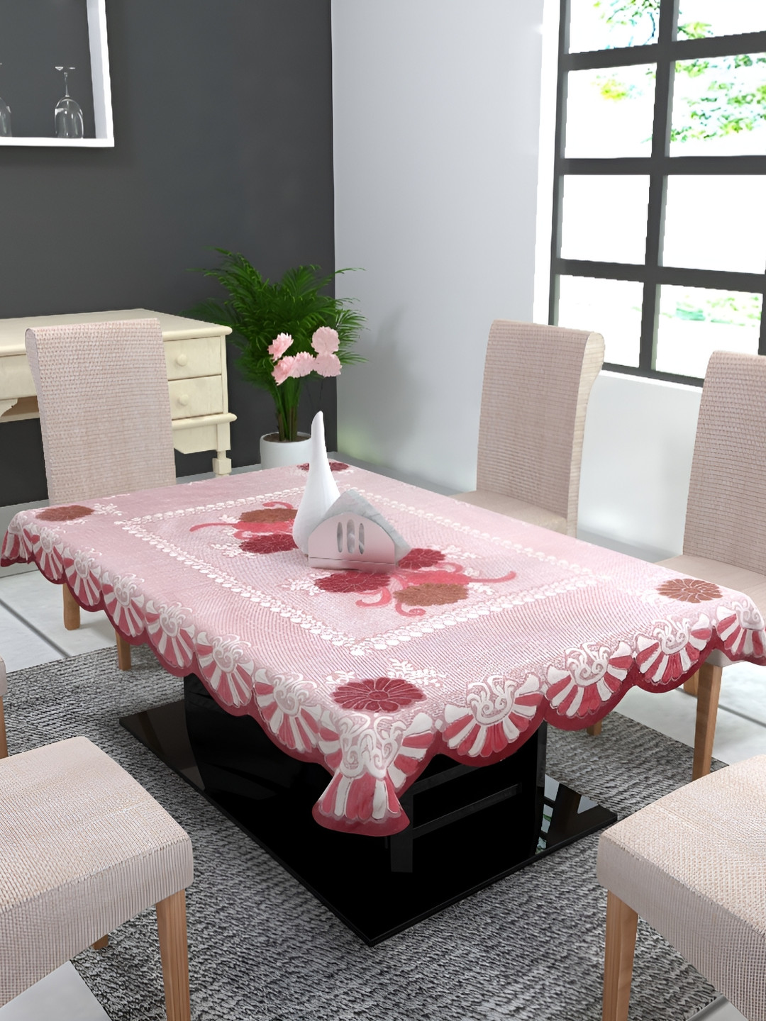 MONKDECOR Maroon Floral 2 Seater Rectangle Cotton Table Cover with Embroidered details