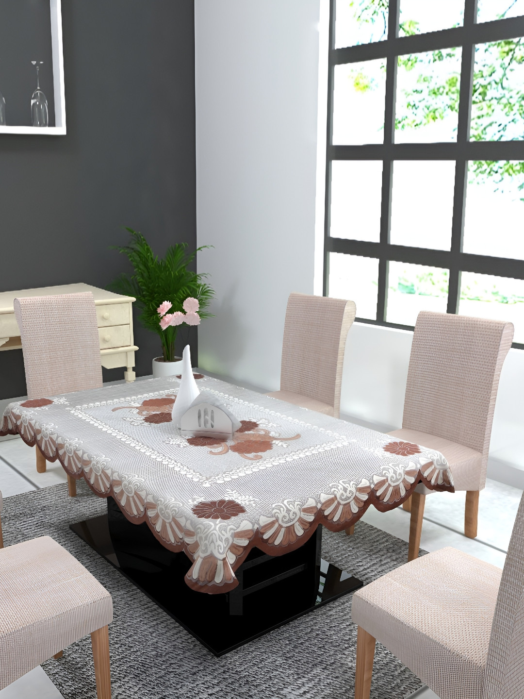 MONKDECOR Brown Floral 2 Seater Rectangle Cotton Table Cover With Embroidered details