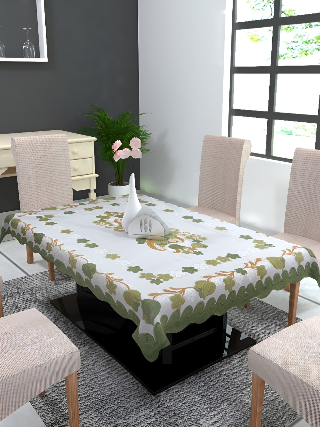 MONKDECOR Green Floral 2 Seater Cotton Rectangle Table Cover With Embroidered details