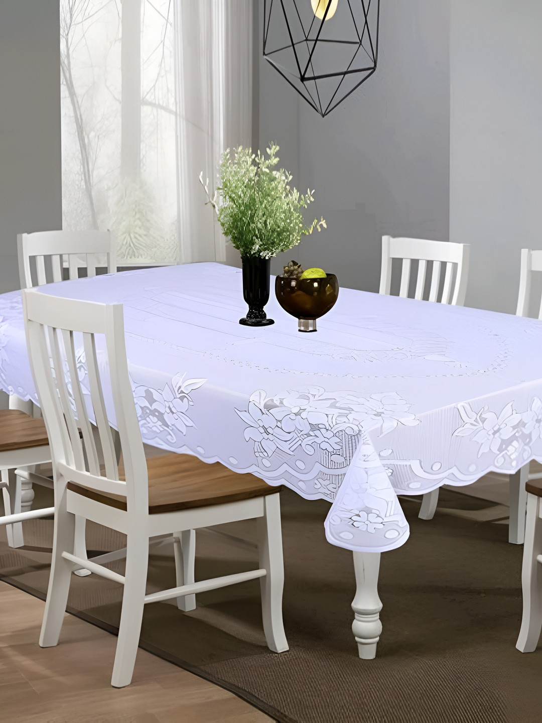MONKDECOR White 6 Seater Floral Rectangle Cotton Table Cover