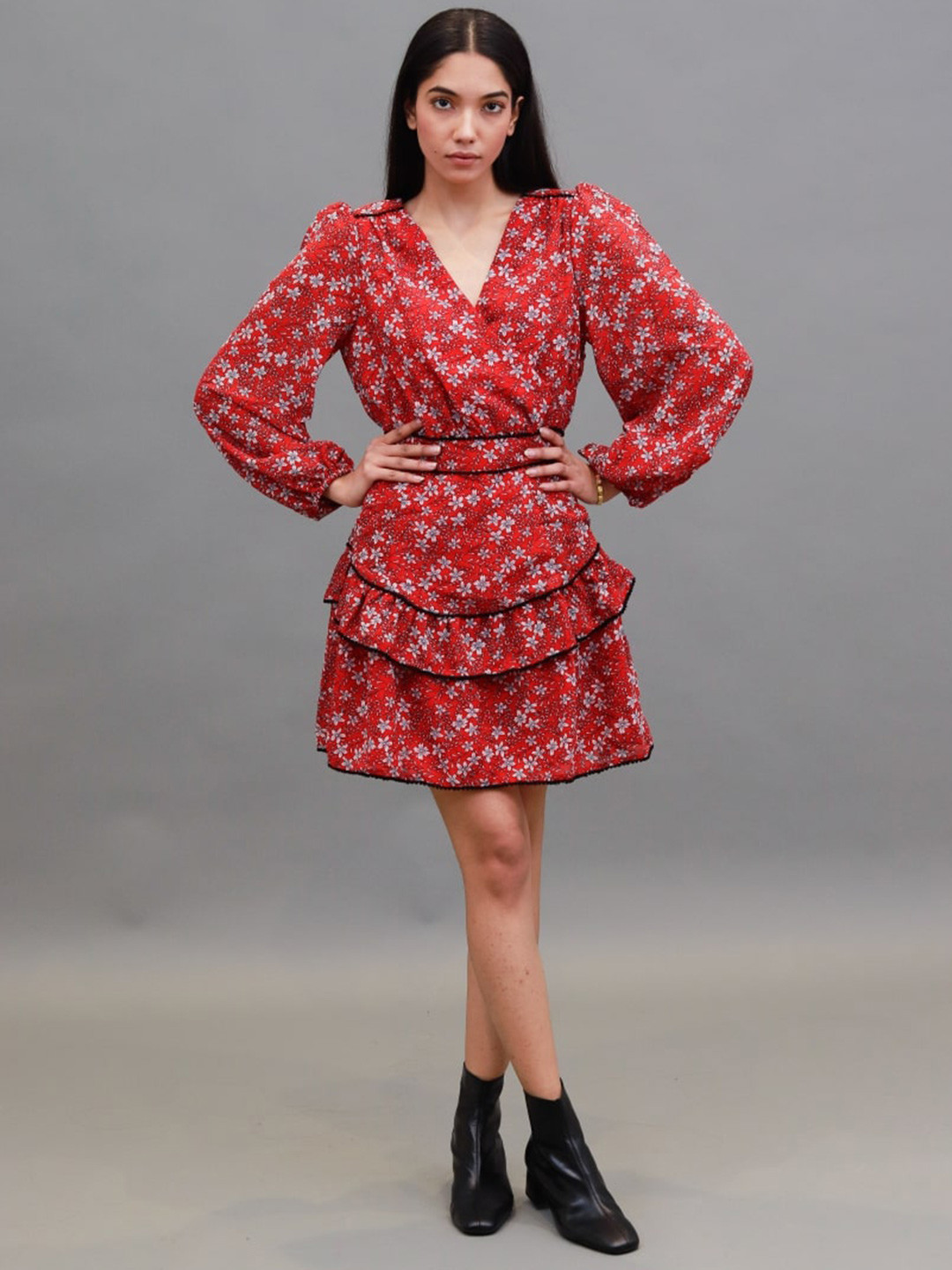 NoBarr Floral Printed V-Neck Puff Sleeves Wrap Dress