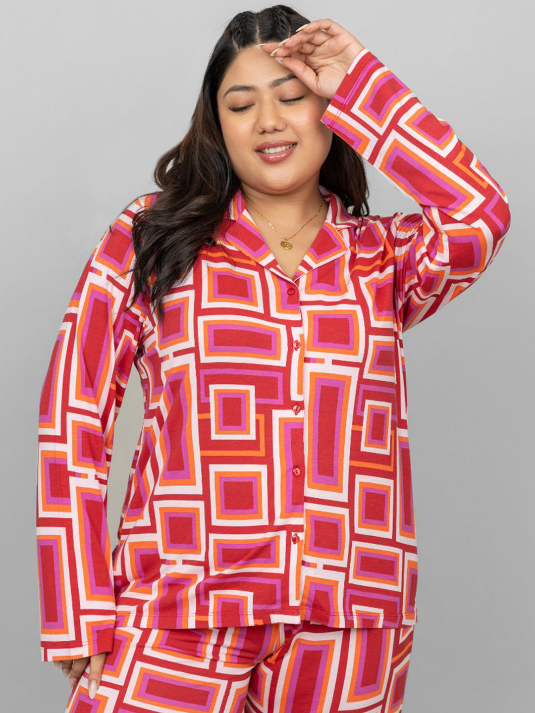 necesera Plus Size Geometric Printed Polo Collar Long Sleeves Lounge Tshirts