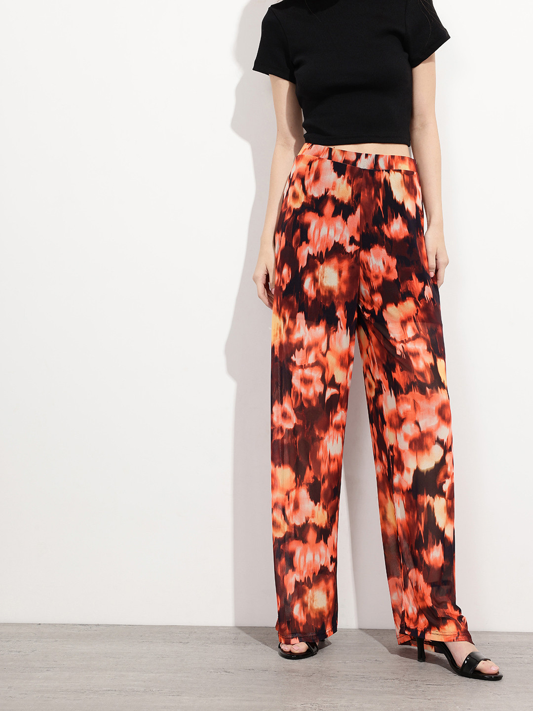 DressBerry Women Floral Printed Wide Leg Mesh Trousers