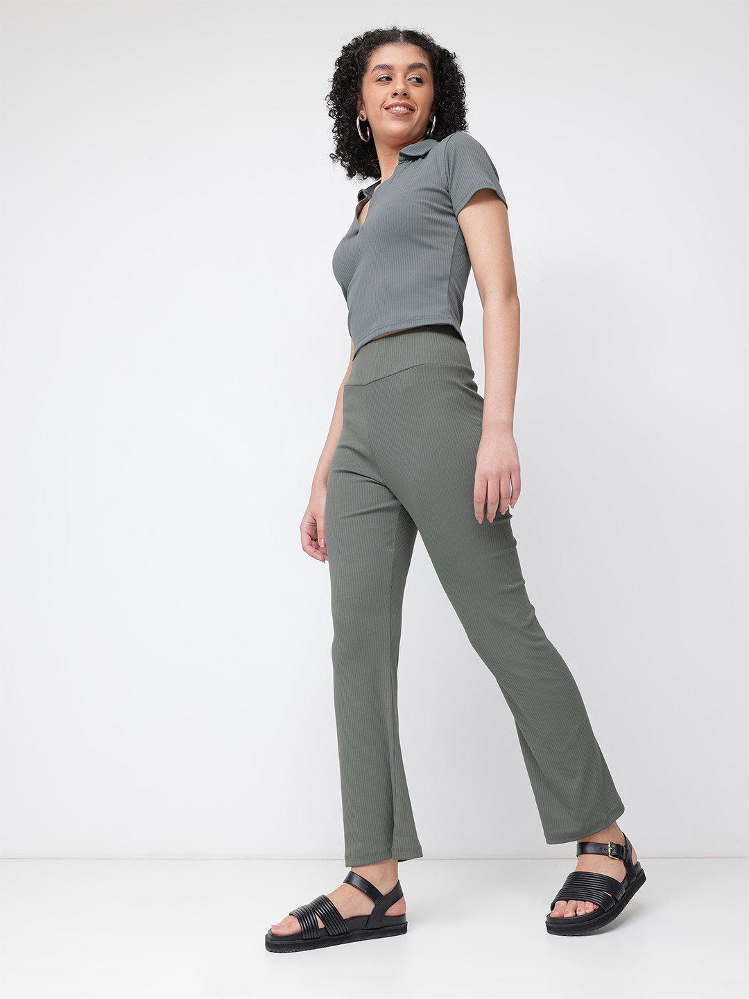 DressBerry Flared Hem Ribbed Trouser
