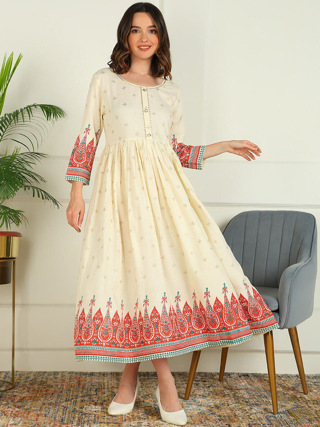 mokshi Ethnic Motifs Printed Fit and Flare Midi Ethnic Dress