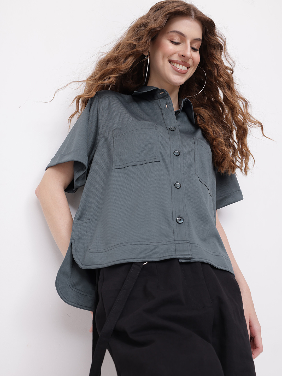 DressBerry Pocketed Curved Hem High-Low Boxy Shirt