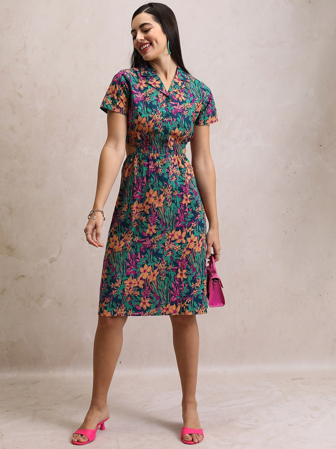 Tokyo Talkies Teal Blue Floral Printed Shirt Collar Cut Out Cotton A-Line Dress