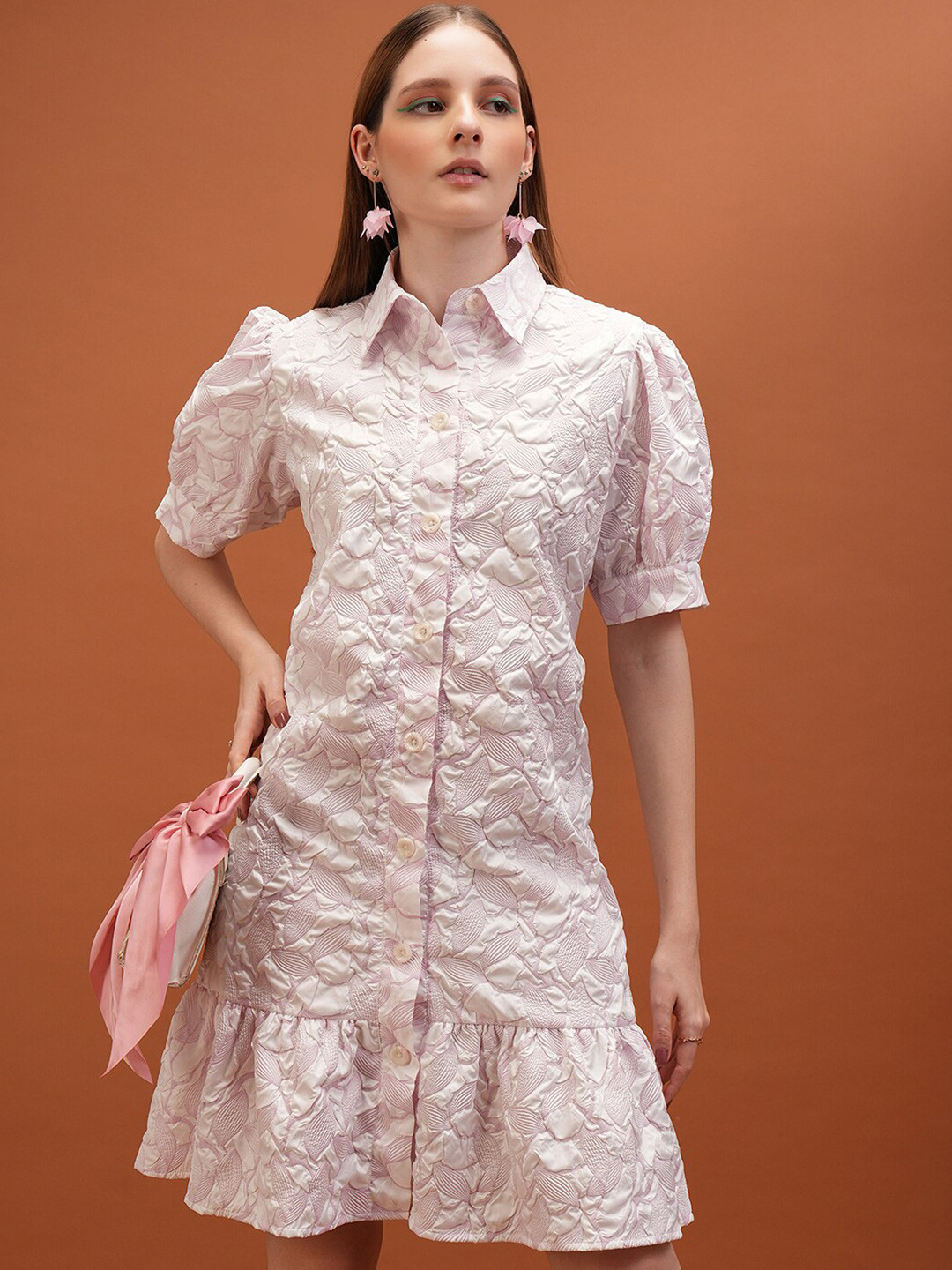 Tokyo Talkies White Self Design Shirt Collar Puff Sleeve Drop Waist Dress