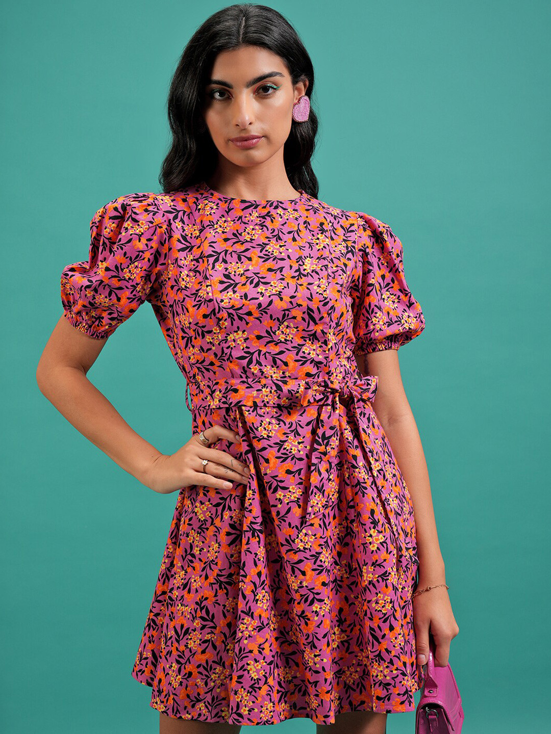 Tokyo Talkies Pink Floral Printed Puff Sleeve Belted Cotton A-Line Dress