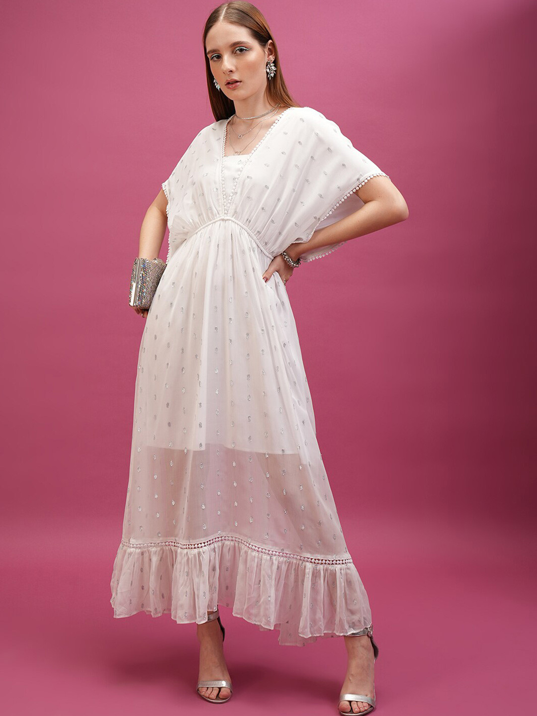 Tokyo Talkies White Self Design V-Neck Extended Sleeve Tie Up Maxi Dress