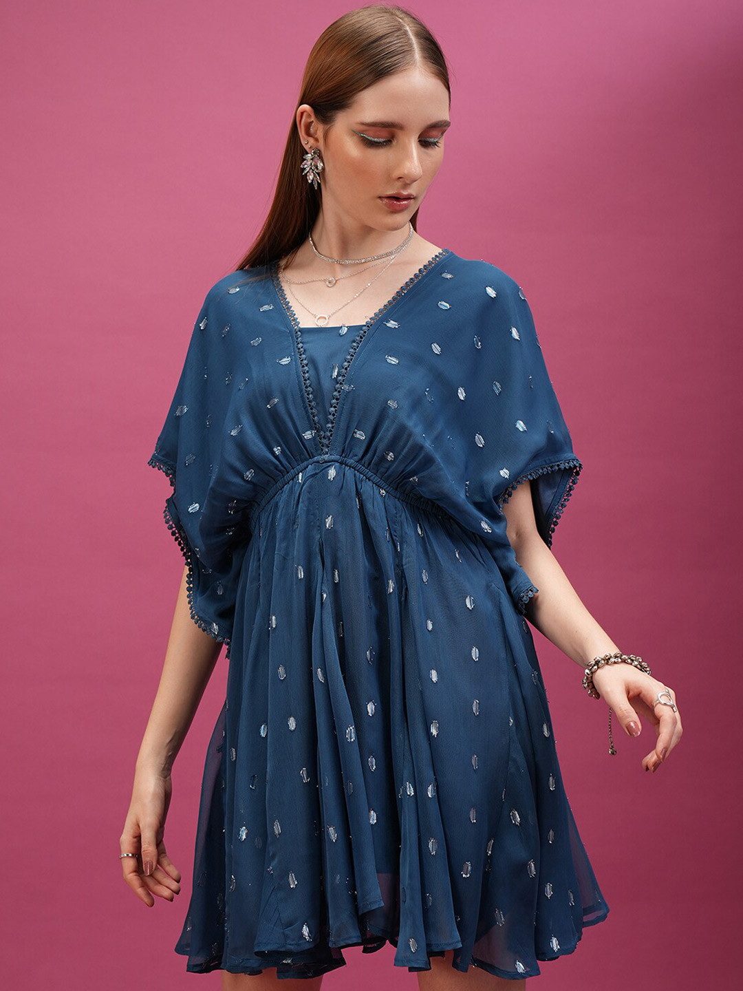 Tokyo Talkies Blue Self Design V-Neck Extended Sleeve Fit & Flare Dress
